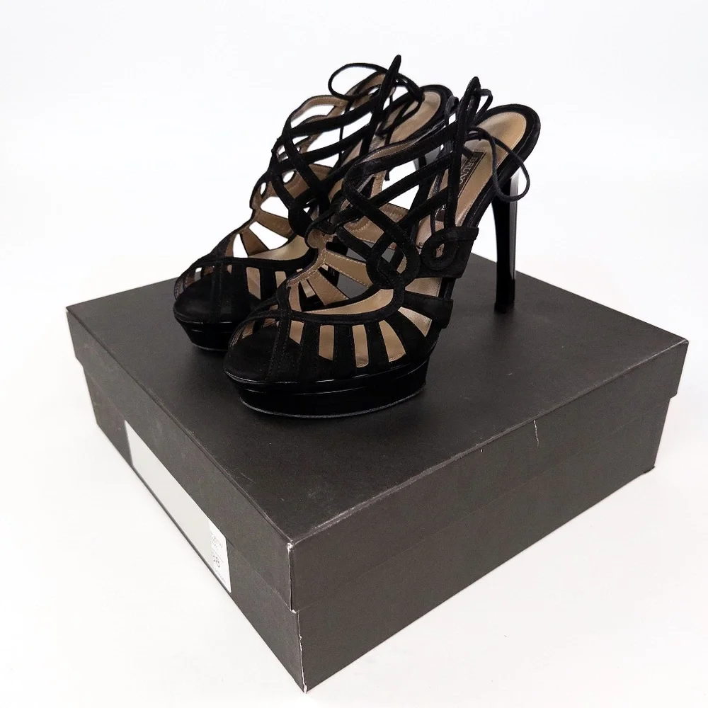 Bruno Magli Empress Black Suede Lace-Up Platform Heels Sandals Sz 38 w/ Box - Picture 2 of 11